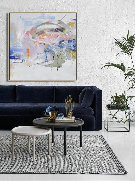 Large Contemporary Art Acrylic Painting,Oversized Abstract Oil Painting,Hand Paint Abstract Painting,White,Pink,Blue,Gray.etc